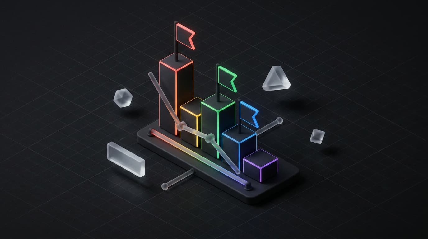 Isometrische 3D illustratie van een dalende lijngrafiek op een tafel, met drie gekleurde vlaggetjes die elk een breuk in de lijn markeren en een vergrootglas ernaast
