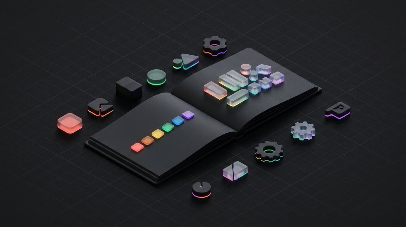 Isometrische 3D illustratie van een opengeslagen brandbook met kleurstalen, letterproeven en logovarianten, waaruit een lichtgevende stroom tekst naar een klein scherm loopt